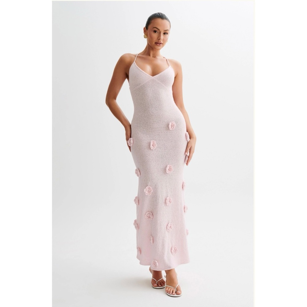 Meshki, Light Pink Suki Knit Maxi Dress With Flowers
